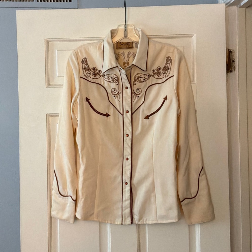 Scully Western Shirt Embroidered Cross Pearl Snap Cream S NEW Cowgirl Rodeo Boho